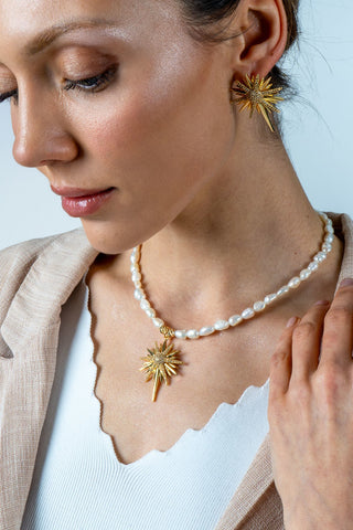 İncili Kuzey Yıldızı Kolye Küpe Set Siyah