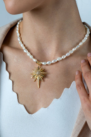 İncili Kuzey Yıldızı Kolye Küpe Set Siyah