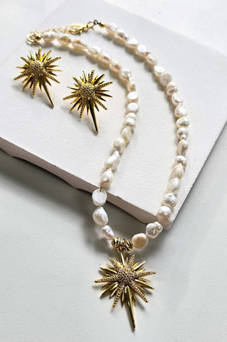 İncili Kuzey Yıldızı Kolye Küpe Set Gold