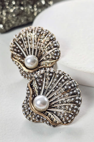 İnci Detaylı Bronz Deniz Kabuğu Küpe