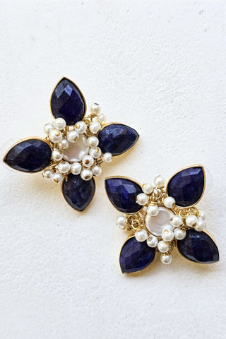 İncili Çiçek Küpe Lacivert