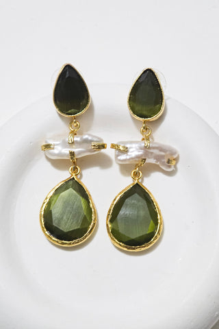 Emerald Kedi Gözü & İnci Küpe