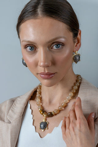 Sitrin Caretta Kolye Küpe Set (3.Çakra/Solar Pleksus Çakra Taşı)