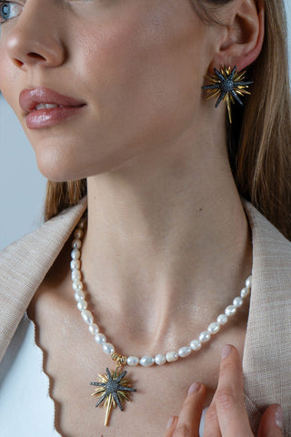 İncili Kuzey Yıldızı Kolye Küpe Set Siyah