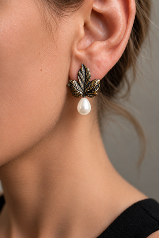 Shadow Pearl Leaf Earrings