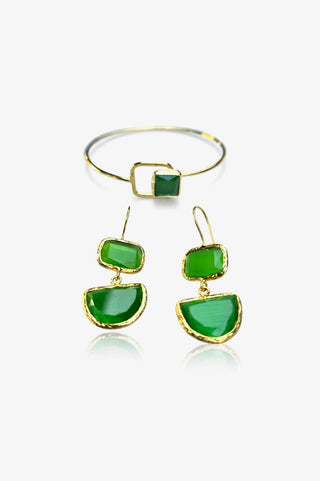Aura Green Kedi Gözü Taşlı Küpe Bileklik Set