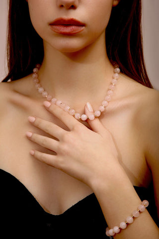 Pembe Kuvars Kolye Bileklik Set(4.Çakra/Kalp Çakrası Taşı)