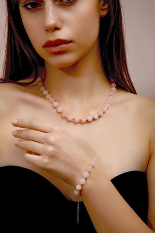 Pembe Kuvars Kolye Bileklik Set(4.Çakra/Kalp Çakrası Taşı)