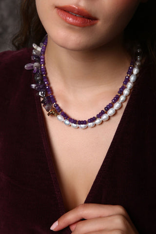 İncili Ametist Çift Sıra Kolye (6.ve7.Çakra / Üçüncü Göz ve Tepe Çakrası )