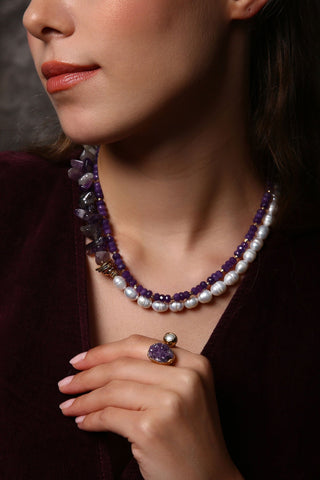 Ruhun Işıltısı İncili Ametist Kolye Yüzük Set (6.ve7.Çakra / Üçüncü Göz ve Tepe Çakrası )