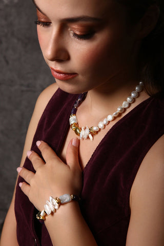 Golden Harmony Ametist İncili Kolye Bileklik  Set(6.ve7.Çakra / Üçüncü Göz ve Tepe Çakrası )