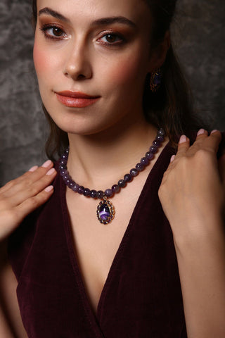 Velvet Nights Ametist Kolye Küpe Set (6.ve7.Çakra / Üçüncü Göz ve Tepe Çakrası )