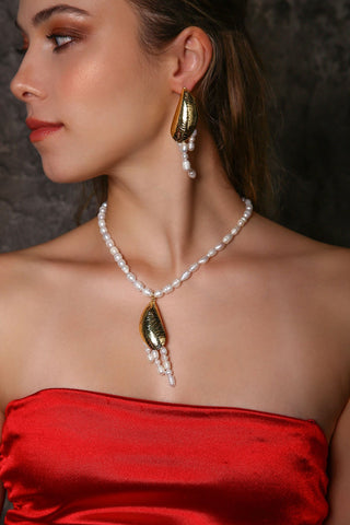 Oyster İncili Kolye Küpe Set