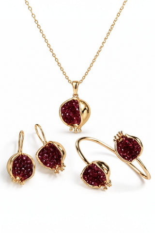İncili Nar Kolye Küpe Bileklik Set Kırmızı